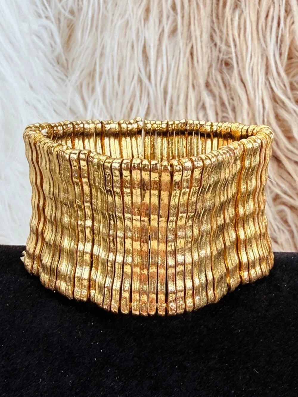 Goldtone Textured Wide Cuff Stretch Bracelet